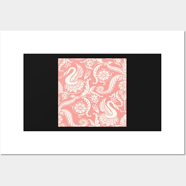 Cream on Peach Classy Medieval Damask Swans Wall Art by JamieWetzel